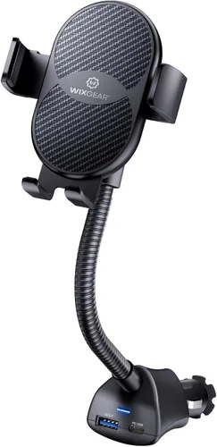 Vista 6 de Soporte para encendedor de cigarrillos, soporte giratorio de 360° para automóvil con doble puerto de carga USB, cuello de cisne ajustable, soporte
