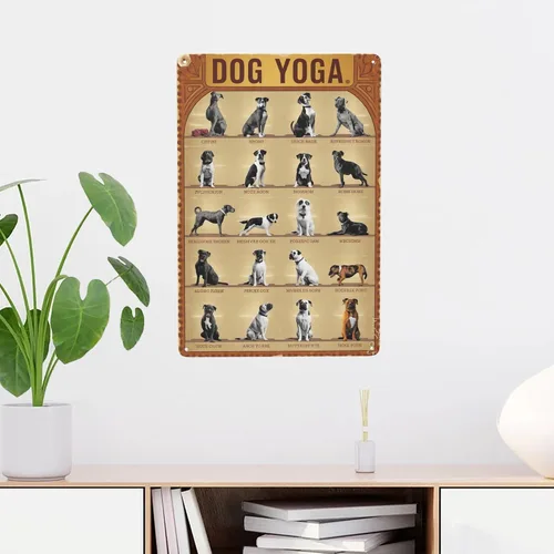 Vista 2 de Whimsical Dog Yoga Cartel de lata de 8 x 12 pulgadas divertido arte de pared de metal para spa de mascotas, estudio de yoga y decoración bohemia