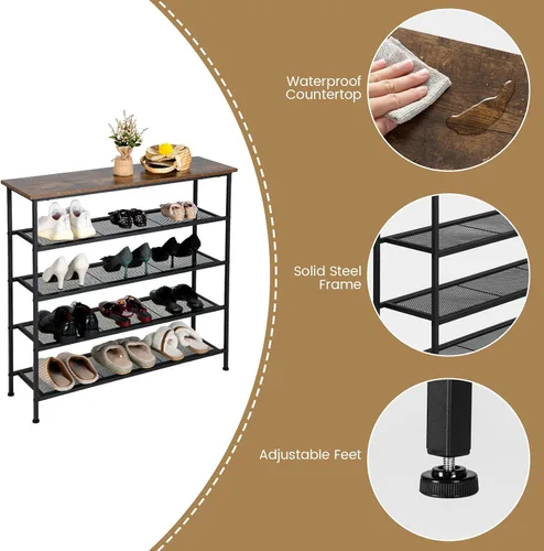 Vista 7 de Giantex Zapatero de 5 niveles, organizador industrial de almacenamiento de zapatos de metal ajustable con 4 estantes de malla metálica para 16-20