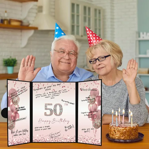 Vista 7 de DARUNAXY Decoraciones de fiesta de 50 cumpleaños en oro rosa para mujeres, libro de firmas alternativo de feliz 50 cumpleaños, tarjeta de firma