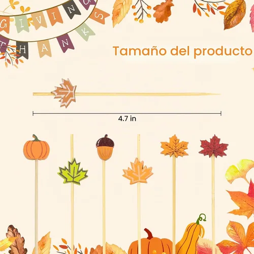 Vista 2 de 100 unidades de púas de cóctel de otoño de 12 cm, hojas, calabazas, bellotas, palillos de dientes decorativos elegantes de bambú, palillos