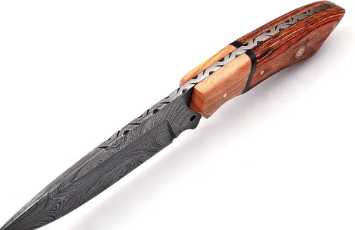 Vista 3 de Cuchillos de Damasco para despellejado de caza - Cuchillo de caza de hoja fija con vaina - Cuchillo de acero de Damasco con mango de madera