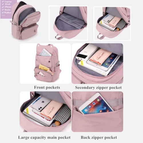 Vista 3 de Mochila casual para niños, color sólido, bolsa de escuela primaria y secundaria, bolsa de viaje para adolescentes, Rosado, Mochila de color sólido