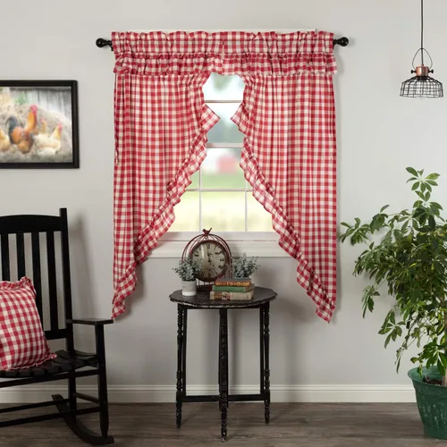 Vista 12 de VHC Brands Annie Buffalo - Cortinas de cocina de algodón a cuadros con bolsillo para barra, cordón de amarre con volantes, par de botes de pradera