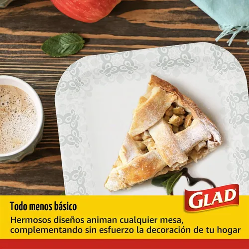 Vista 4 de Glad Platos desechables de papel cuadrados, patrón gris victoriano - Platos decorativos fuertes, robustos, impermeables y aptos para microondas