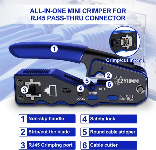 Vista 3 de Kit de herramientas de crimpado RJ45, crimpadora Ethernet de paso, kit de herramientas de crimpado Ethernet profesional, herramienta de crimpado