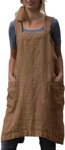 Vista 9 de Delantal Pinafore con espalda cruzada con bolsillos, delantal de lino y algodón, talla grande