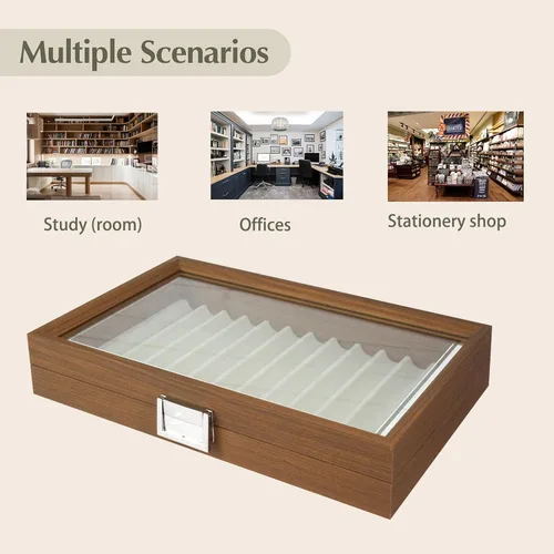 Vista 6 de Vitrina de madera para bolígrafos de 12 bolígrafos, caja organizadora de coleccionistas de almacenamiento de bolígrafos con ventana de vidrio