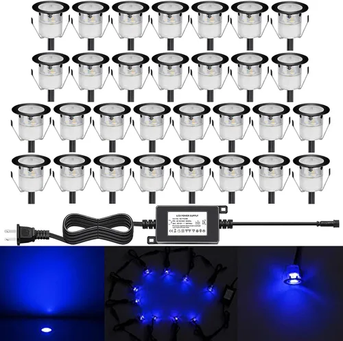 Vista 55 de Kits de luces LED empotrables para cubierta con carcasa protectora, iluminación LED de paisaje al aire libre IP67 impermeable, CC 12 V de bajo Azul