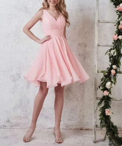 Vista 4 de Vestido corto de dama de honor hasta la rodilla gasa vestidos de regreso a casa V cuello una línea vestidos de fiesta SY339