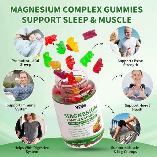 Vista 4 de Gomitas de complejo de magnesio 8 elementales de 1000 mg – glicinato de magnesio, citrato, malato, taurato, apoya los huesos, los músculos, la salud