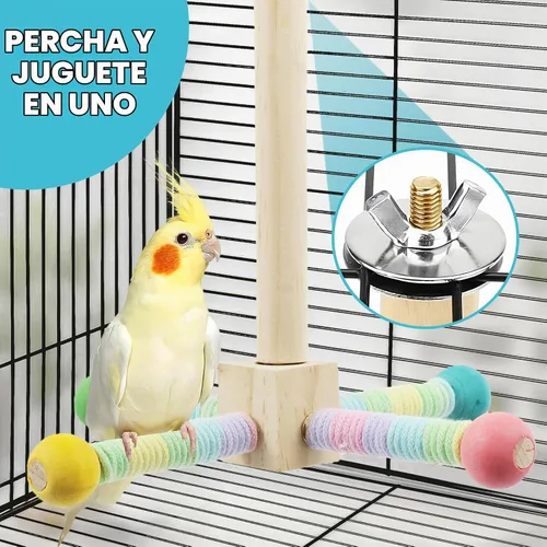 Vista 7 de Juguete de perca para loros mejorado, soporte giratorio de perca para pájaros con juguete de bola masticable para pájaros pequeños y medianos