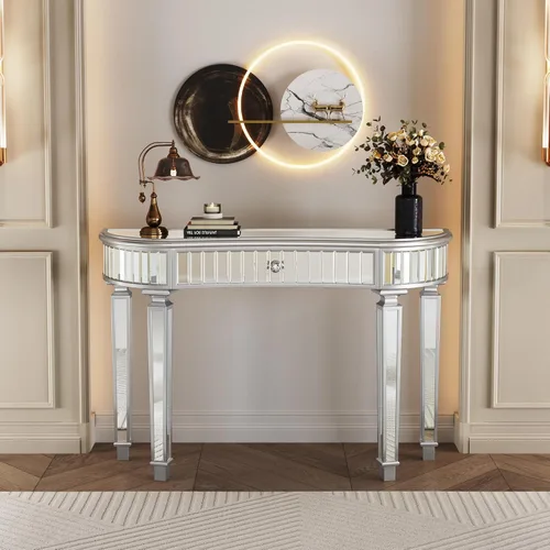Vista 10 de Mesa Consola Negra con Espejo, Mesa de Sofá de Cristal Rectangular de 48 pulgadas con Elementos Tallados Vintage con Espejo, Muebles de Espejo