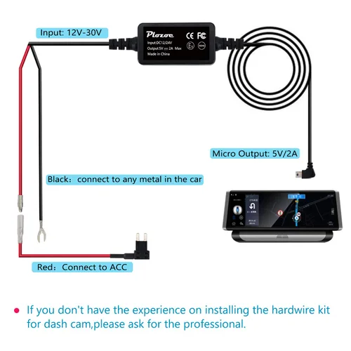 Vista 7 de Kit de cable duro para cámara de salpicadero, kit de cable duro micro USB para cámara de salpicadero, Plozoe de 12 V-24 V a 5 V, cable