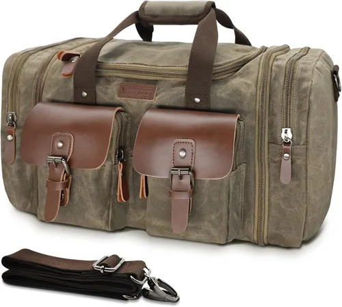 Vista 24 de Wildroad Bolsa de viaje de lona de 50L, bolsa de lona expandible de cuero genuino, bolsa de fin de semana mejorada para una noche, bolsa de mano