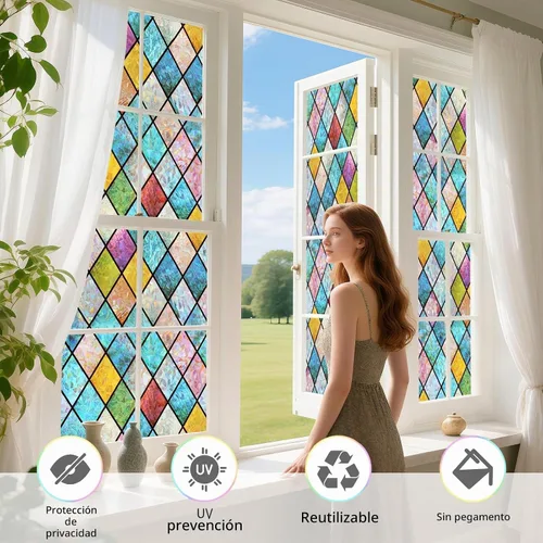 Vista 5 de WPCTEV Película de privacidad para ventana de arco iris, rombo 17.5 3D-cuadrado