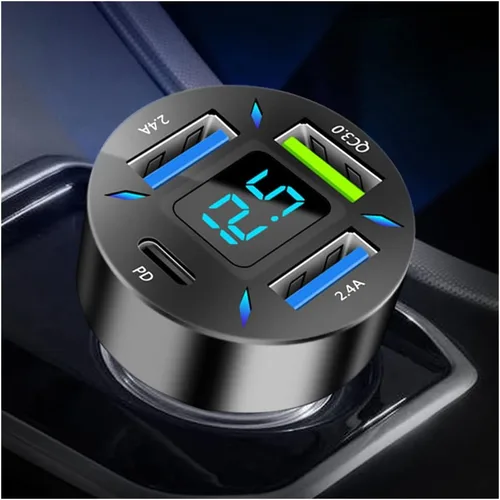 Vista 8 de Cargador de coche USB rápido de 66 W con voltímetro pantalla de luz LED, adaptador de cargador de coche compatible con iPhone