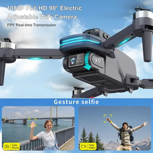 Vista 2 de Drone FPV con control remoto con cámara 1080P para niños y adultos principiantes, cuadricóptero plegable con estuche de transporte, lente ajustable