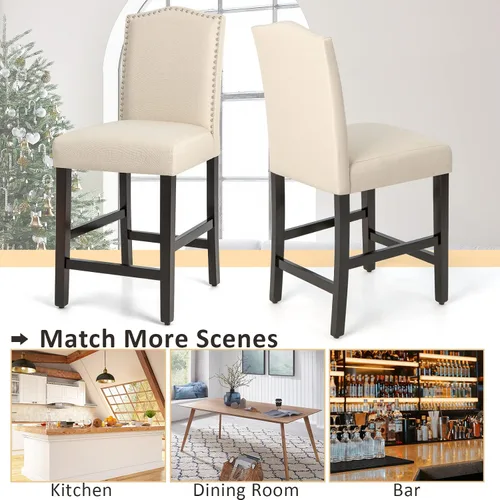 Vista 8 de COSTWAY Juego de 2 taburetes de bar, sillas tapizadas de lino con patas de madera de goma maciza, sillas de bar de madera para isla de cocina de 25