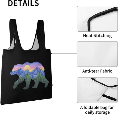 Vista 6 de Sunset Bear - Bolsas de comestibles reutilizables plegables para compras, bolsas de almacenamiento ligeras con asas