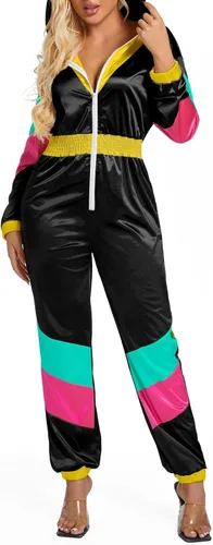 Vista 2 de Yisfri Traje retro de una pieza con bloques de color para mujer, traje retro de los años 80 con cintura elástica con capucha