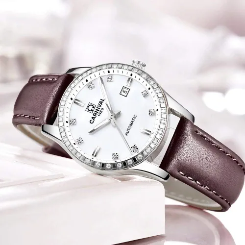 Vista 3 de Gosasa Reloj mecánico automático de lujo con diamantes de imitación para mujer, reloj impermeable con correa de cuero marrón, Banda marrón-plata