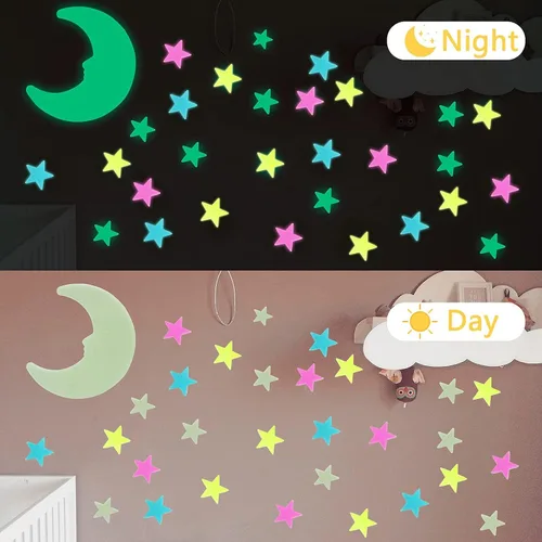 Vista 4 de Calcomanías de estrellas que brillan en la oscuridad para techo, 201 piezas luminosas grandes 3D de plástico 3D, calcomanías de pared para techo