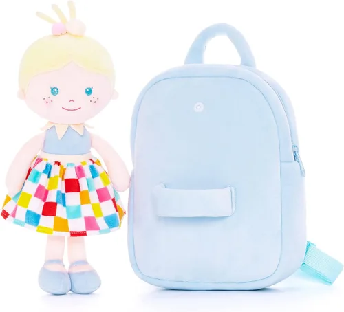 Vista 3 de Onetoo Mochila para niños pequeños con muñecas suaves en vestido a cuadros de 9.5 pulgadas