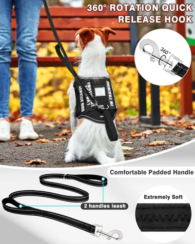 Vista 2 de Arnés de chaleco para perro de servicio MOOGROU y juego de correa+10 parches para cachorros y perros pequeños, chaleco para perro de apoyo emocional