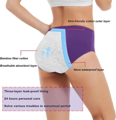Vista 3 de HATSURE Ropa interior para el período para mujer, a prueba de fugas, de algodón, para la noche, bragas menstruales (paquete múltiple)