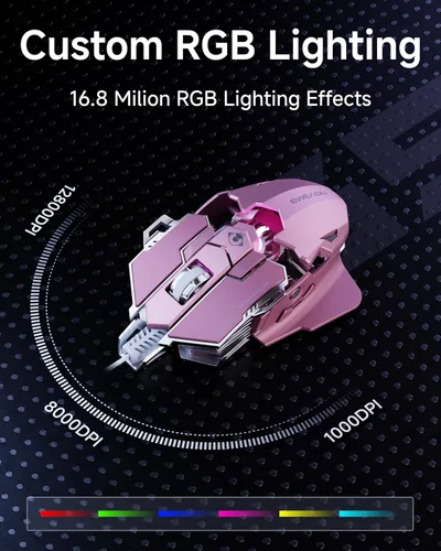 Vista 4 de EWEADN G5 - Mouse para juegos con cable, mouse ergonómico para computadora RGB, 12800 DPI ajustables, 9 botones macro programables con llave