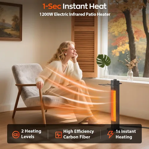 Vista 3 de Calentador eléctrico para patio al aire libre, calentador de torre infrarrojo de 27 pulgadas con calefacción instantánea de 1200 W, impermeable