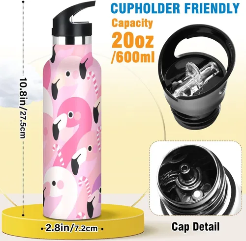 Vista 2 de Cartoon Cute Flamingo Pink Lightweight Insulated Water Bottle with Leak Proof Spout Lid Double Wall Vacuum Insulated Bottles for Sports, Travel, and
