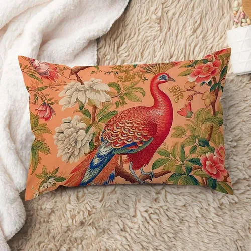 Vista 39 de ArogGeld Fundas de cojín de estilo chinoiserie, diseño de flores y pájaros, color rosa rubor, diseño de animales de pavo real, jardín asiático