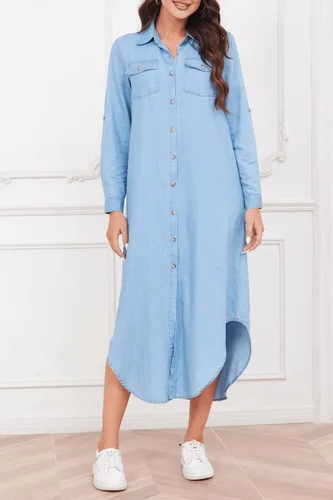 Vista 2 de Vestido camisero midi de mezclilla de manga larga para mujer