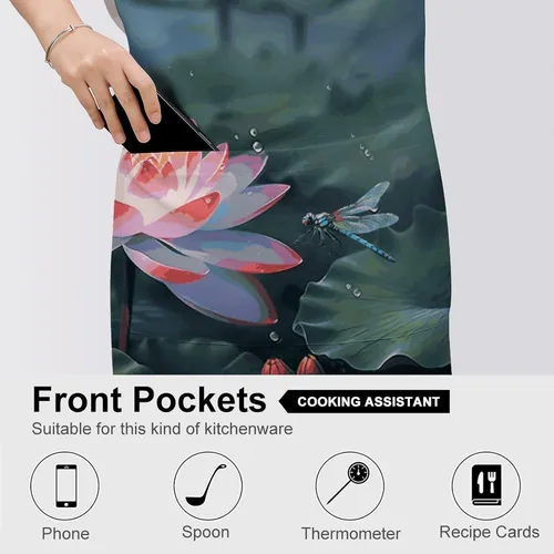 Vista 5 de MUSM Lotus Flower And Dragonfly Apron，Classic Vintage Funny with Pockets Aprons,Adjustable Bib Waterdrop Resistant for Kitchen Cooking Restaurant