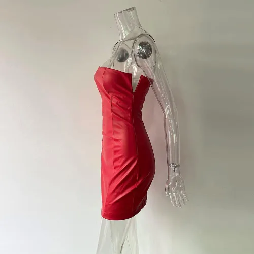 Vista 3 de Vestido sexy de mujer con hombros descubiertos, de piel sintética, sin tirantes, con parte superior de tubo, vestido ajustado para fiesta y club