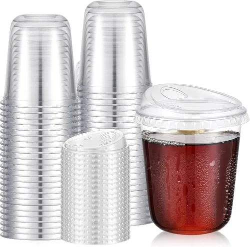 Vista 14 de Ziliny 50 juegos de tazas de café de plástico transparente con tapas para beber, tazas desechables de plástico PET transparente para café helado
