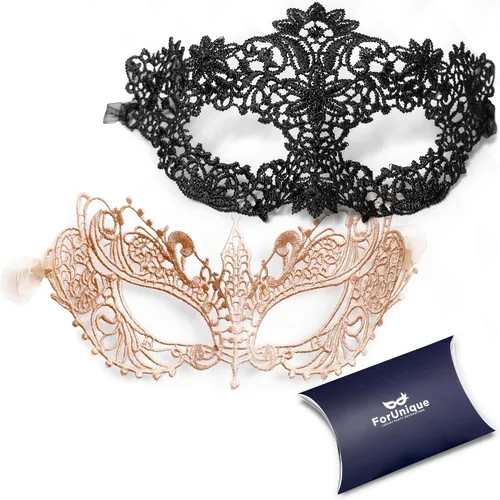 Vista 9 de Masquerade Mask for Couples Women and Men - 3 Pack Venetian Gold and Black Lace, Mardi Gras Mask