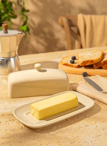 Vista 4 de Sweese Mantequillera con tapa, manteca de porcelana, soporte para mantequilla de 7.8 pulgadas con cubierta de asa, recipiente de mantequilla Beige