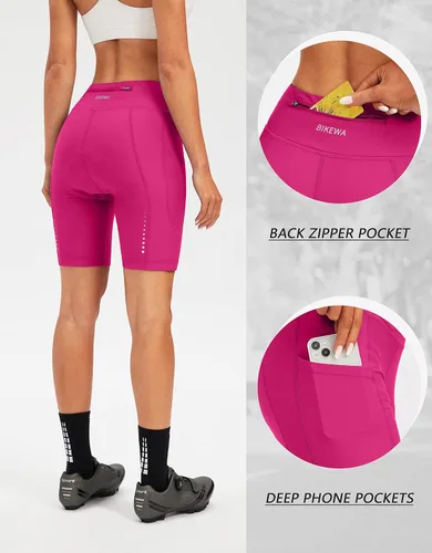 Vista 3 de Bikewa Pantalones cortos de bicicleta para mujer, acolchados 4D, pantalones cortos de ciclismo de carretera, para mujer, con bolsillos con cremallera