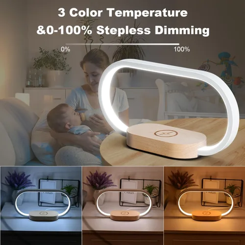Vista 4 de Donewin Lámpara de noche de carga inalámbrica con puerto de carga USB, luz de mesa de noche de madera de alta calidad para dormitorio, lámpara