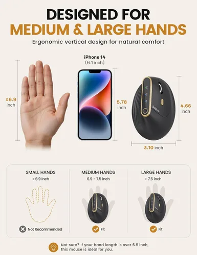 Vista 6 de SABLUTE Ratón vertical inalámbrico ergonómico MAM4 para manos medianas y Negro profundo2
