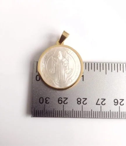 Vista 4 de Saint Benedict Medal Stainless Steel Mother of Pearl 17 Inches Ball Chain