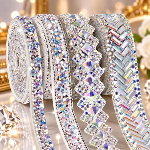 Vista 12 de Juexica Cintas autoadhesivas de diamantes de imitación de 4 yardas, 4 estilos de rollo de diamantes de imitación, cinta brillante con purpurina