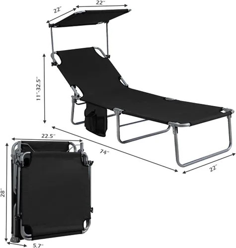 Vista 3 de Giantex Silla bronceadora, tumbona de patio con 5 posiciones ajustables, toldo de sombra, bolsillo de almacenamiento, cuna de campamento, sillón