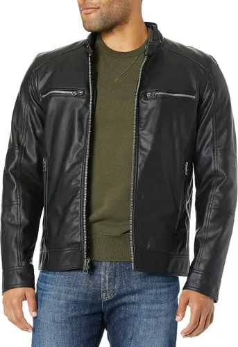 Vista 4 de GUESS Chaqueta de moto con capucha de piel sintética para hombre