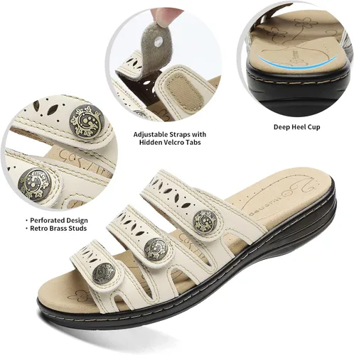 Vista 4 de Sandalias de cuero cómodas para mujer, ligeras, planas, bonitas, sin cordones, informales, para caminar Beige