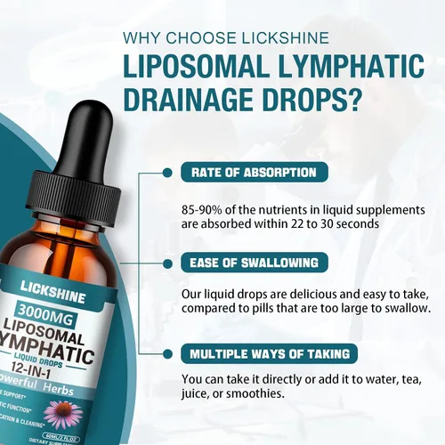 Vista 6 de 1 paquete de gotas de drenaje linfático liposomal de 3000 mg, 12 en 1 suplementos de drenaje linfático orgánico con bayas de saúco, raíz de bardana