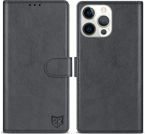 Vista 27 de ZZXX Funda tipo cartera para iPhone 14 Plus con bloqueo RFID, ranura para tarjetas, función atril, cierre magnético, funda protectora de cuero Negro